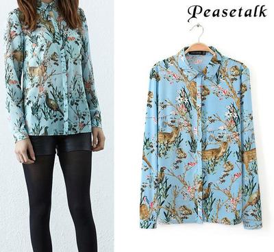 梅花鹿印花人棉长袖女式衬衫 2015春季外贸新款，工厂直销批发优势解析